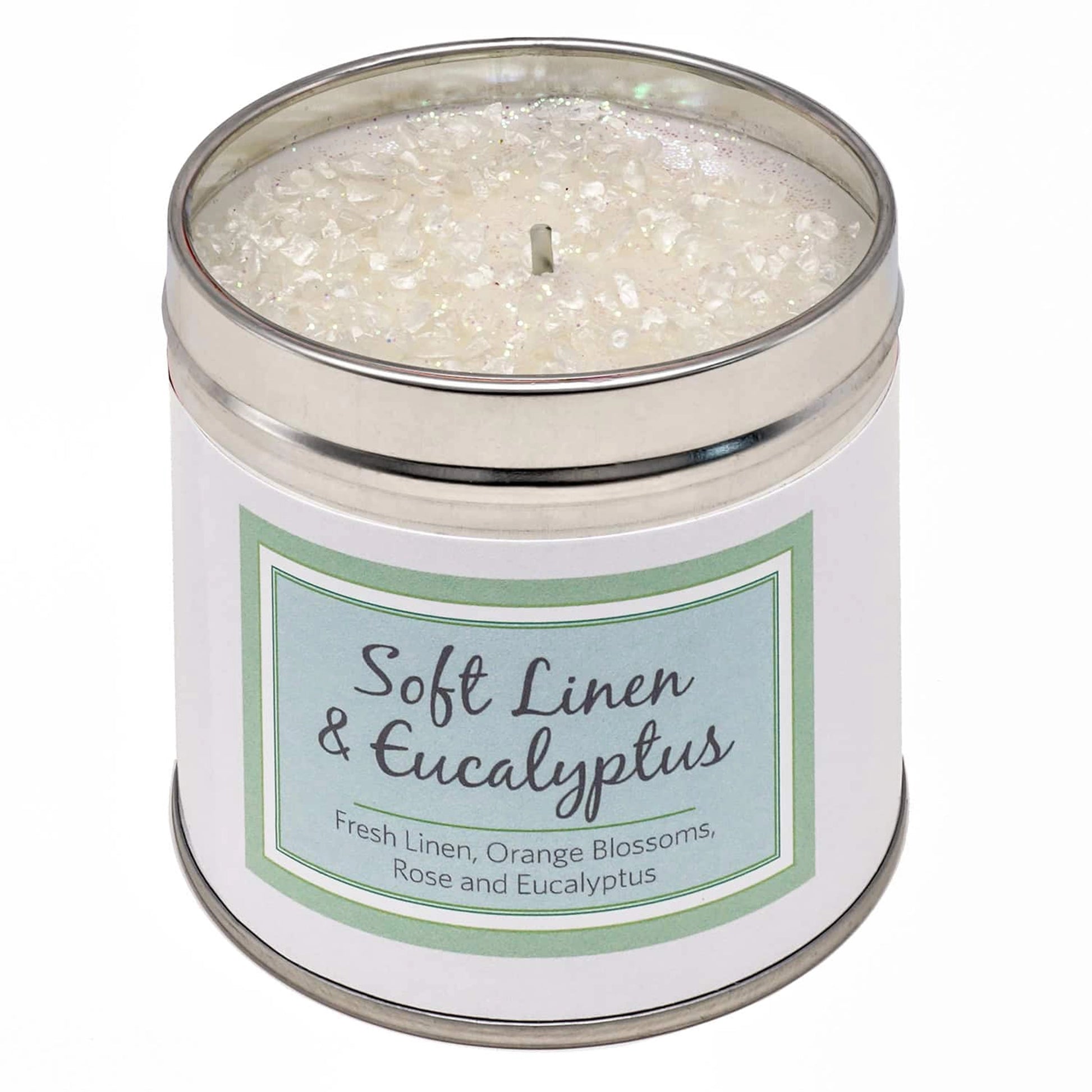 Soft linen & eucalyptus scented candle tin with added embellishments
