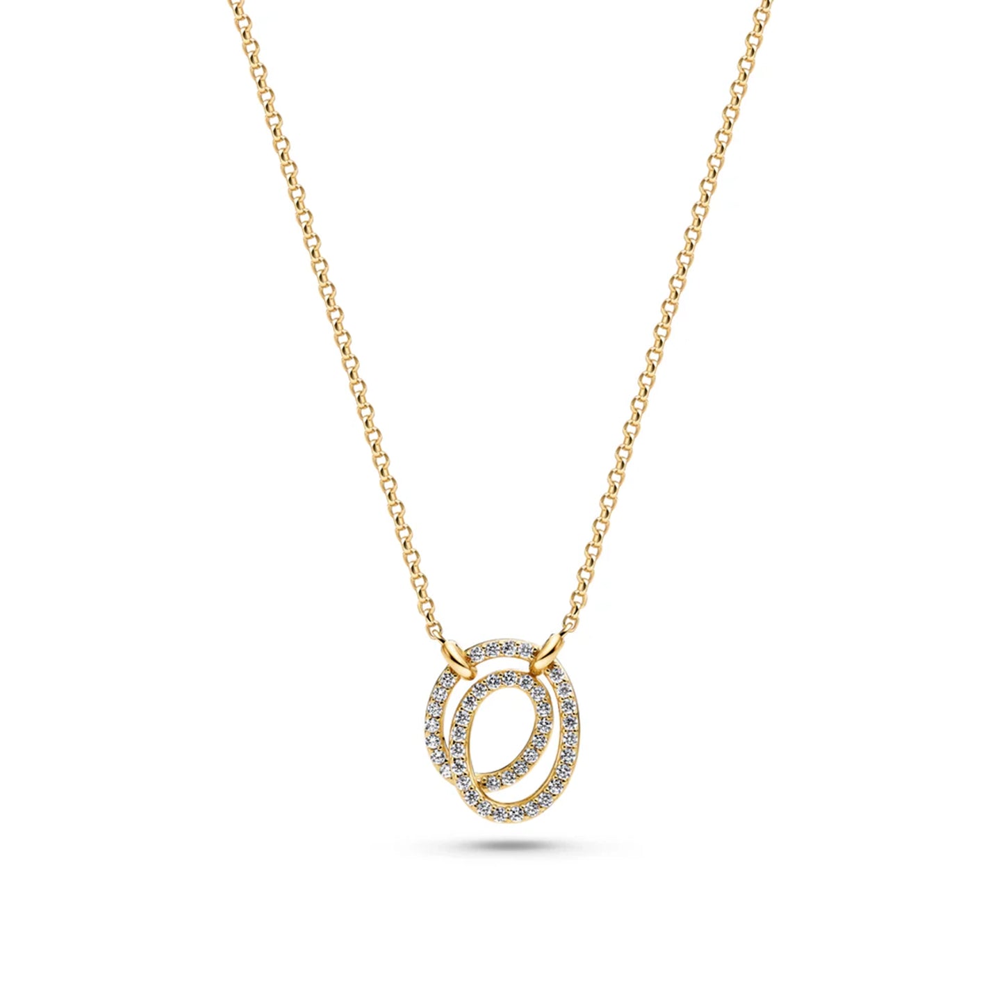 Double spiral shaped gold oval pendant set with CZ stones on a gold chain 
