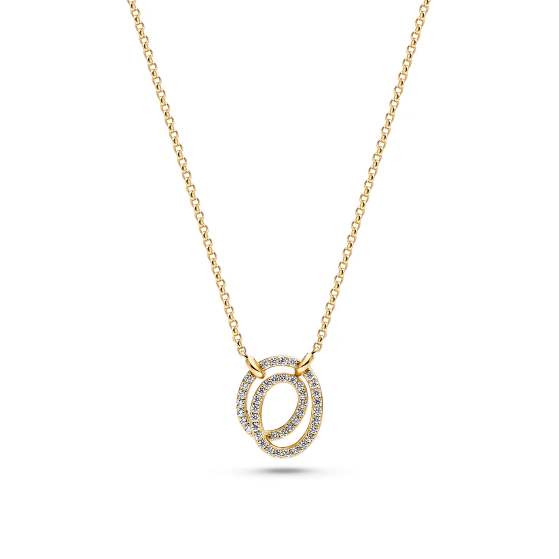 Double spiral shaped gold oval pendant set with CZ stones on a gold chain 