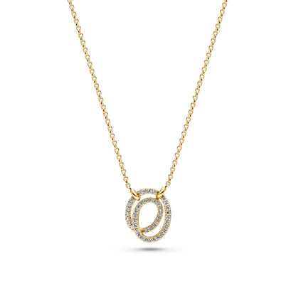 Double spiral shaped gold oval pendant set with CZ stones on a gold chain 
