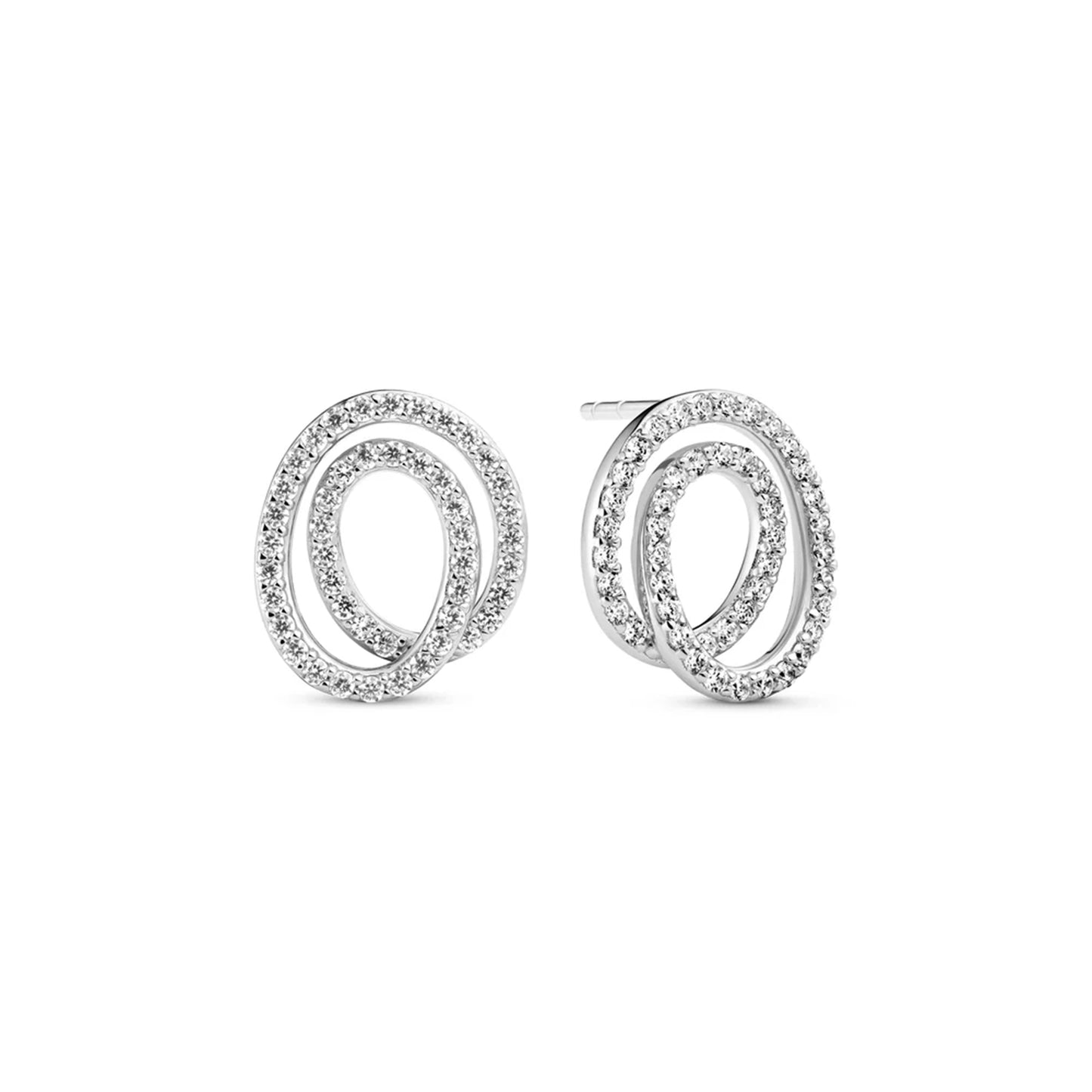Double spiral shaped silver oval stud earrings set with CZ stones 