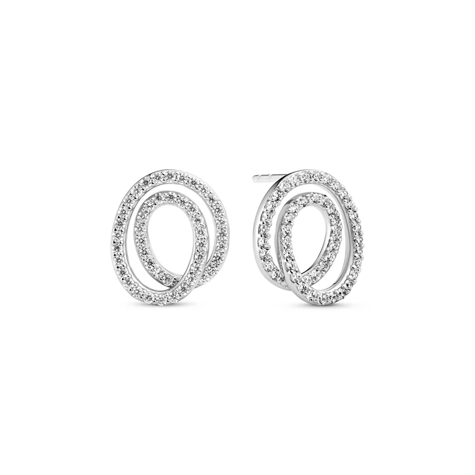 Double spiral shaped silver oval stud earrings set with CZ stones 