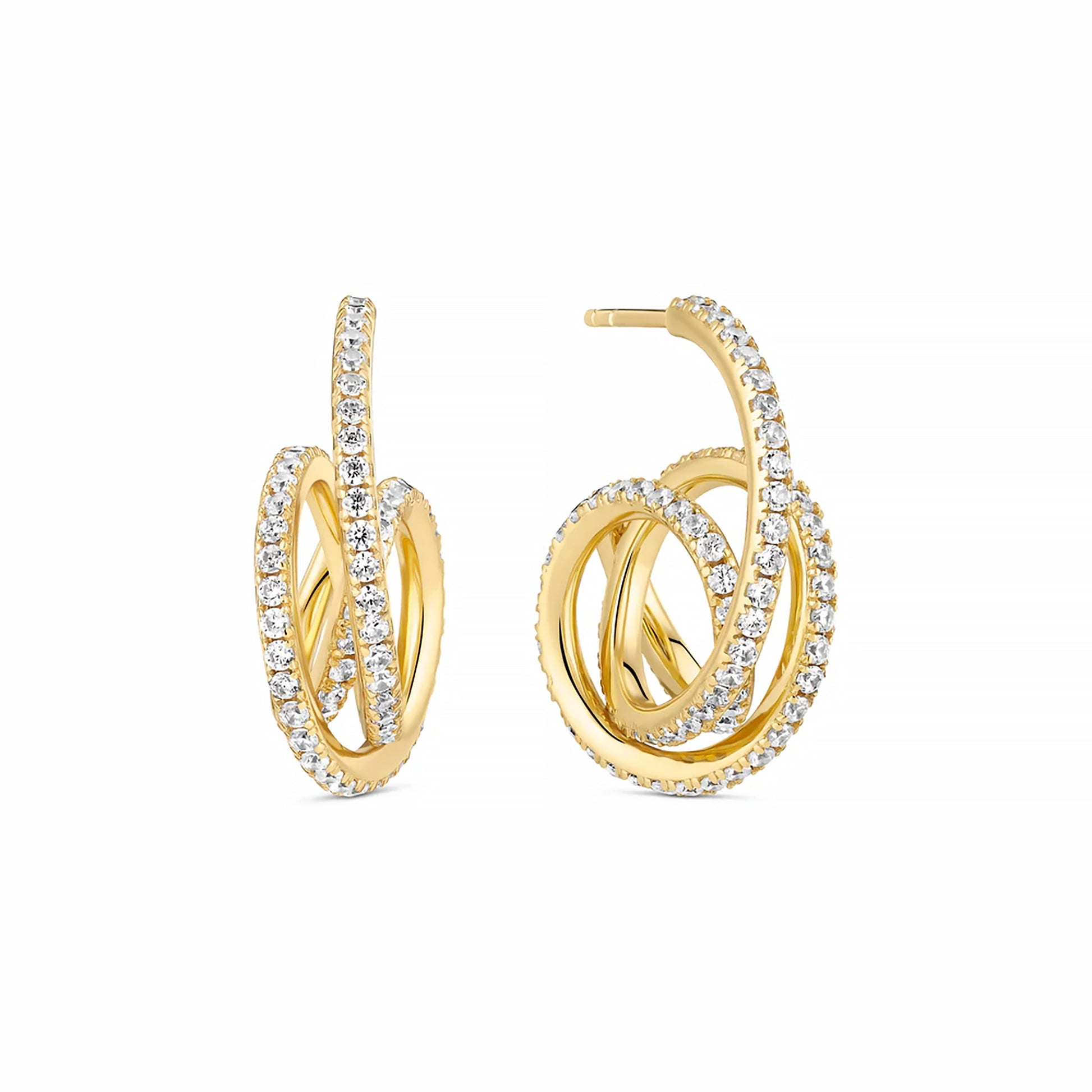Gold earrings with spiral shapes set with CZ stones