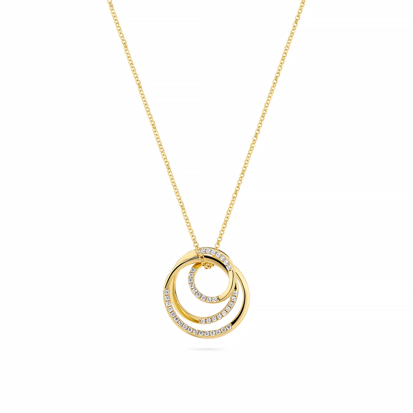 A gold necklace with spiral shaped pendant set with CZ stones