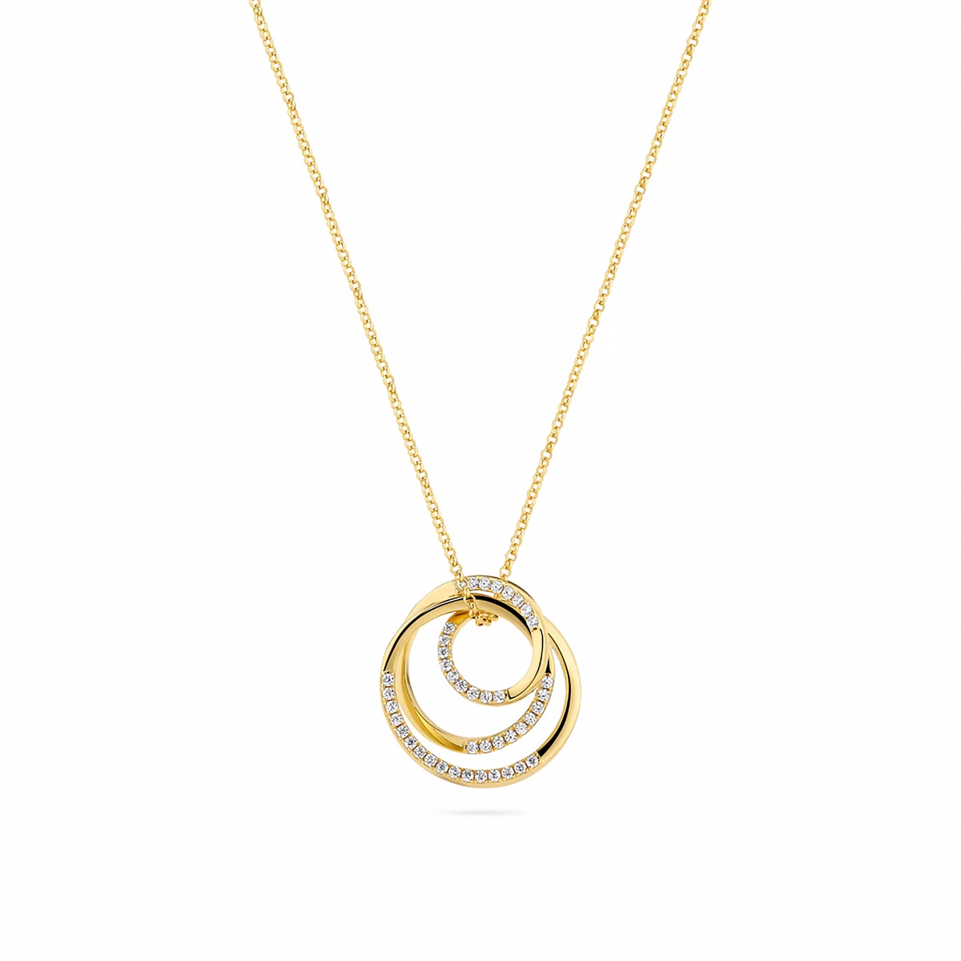 A gold necklace with spiral shaped pendant set with CZ stones