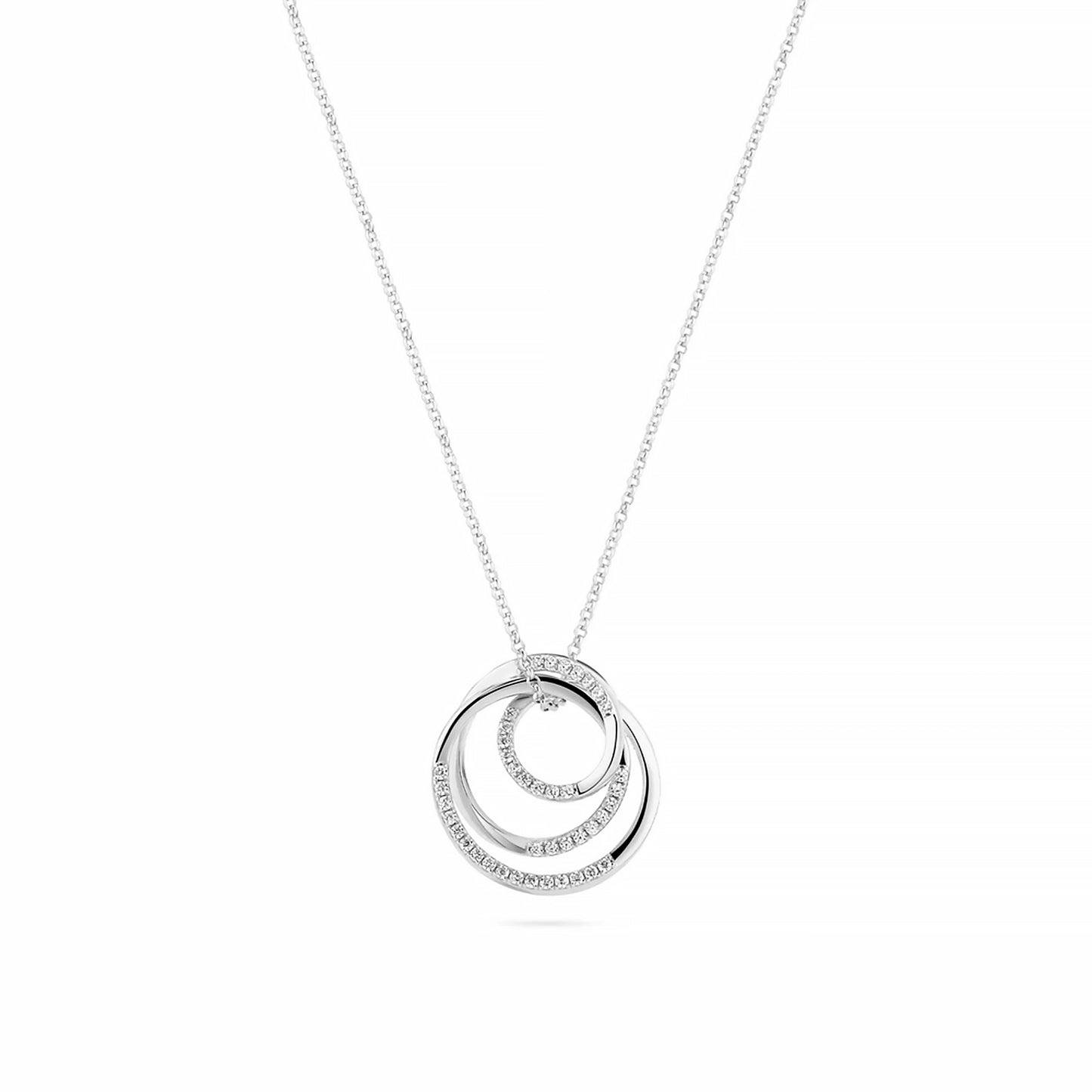 A silver necklace with spiral shaped pendant set with CZ stones