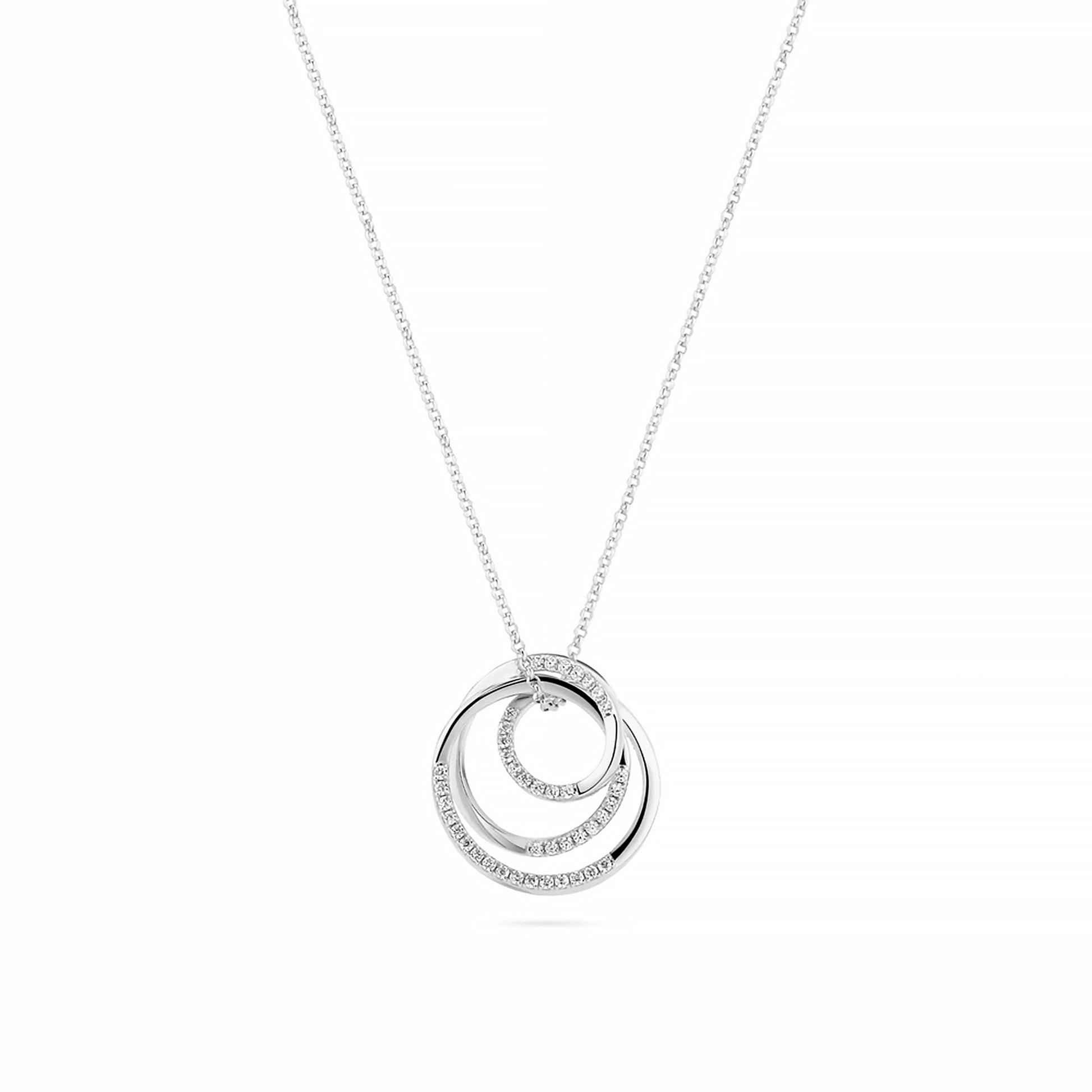 A silver necklace with spiral shaped pendant set with CZ stones