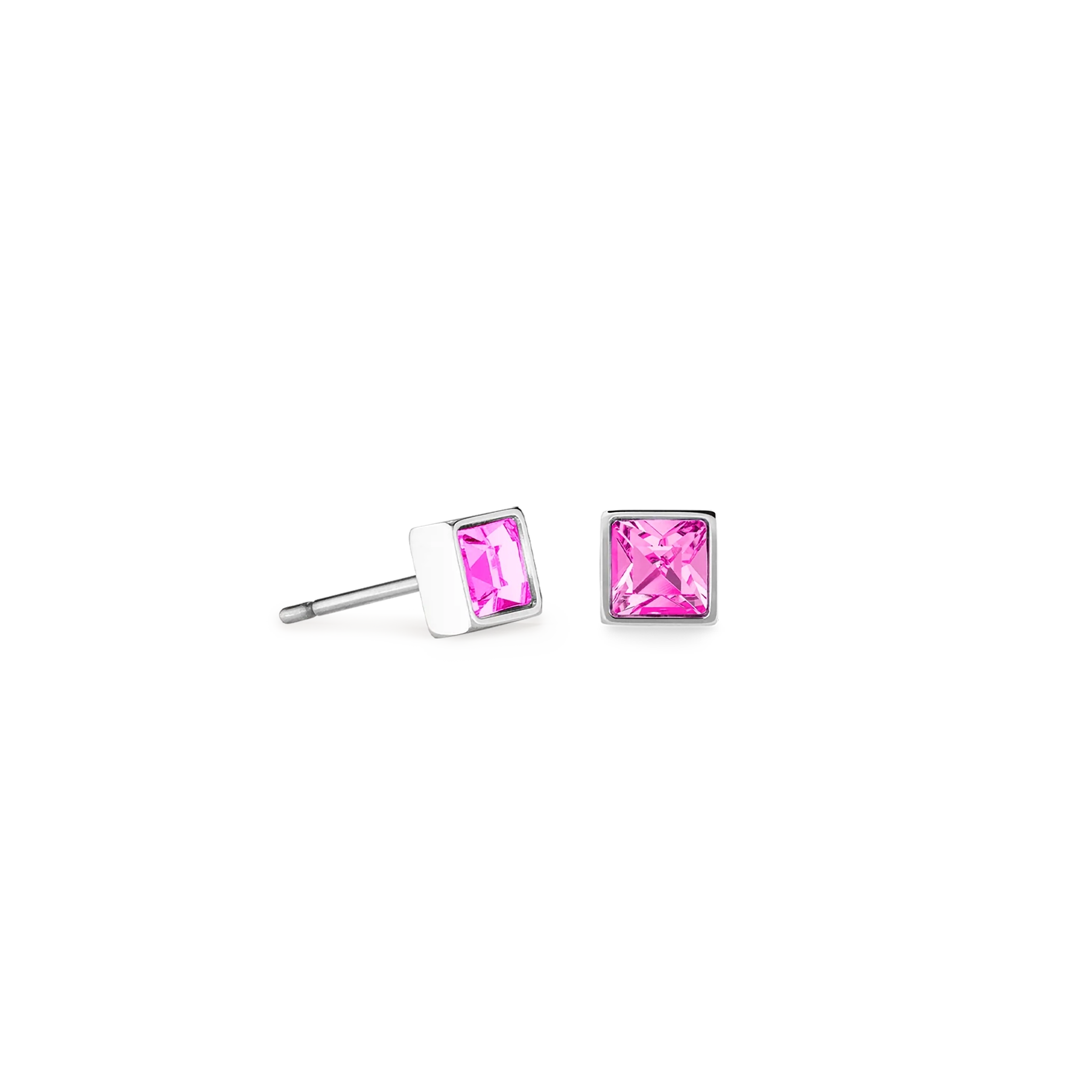 A pair of square steel stud earrings featuring a pink crystal stone