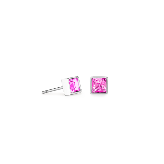 A pair of square steel stud earrings featuring a pink crystal stone
