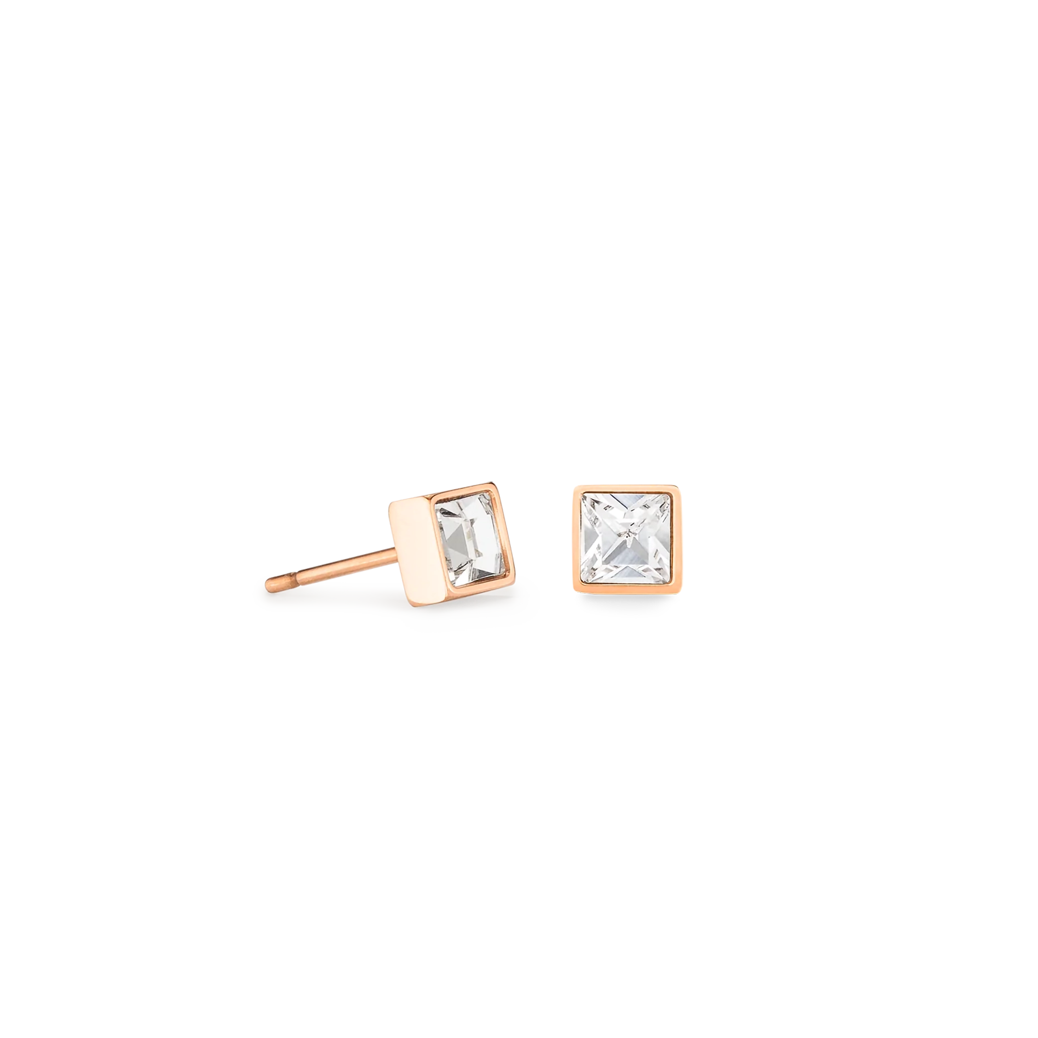 A pair of square rose gold stud earrings featuring an white crystal stone