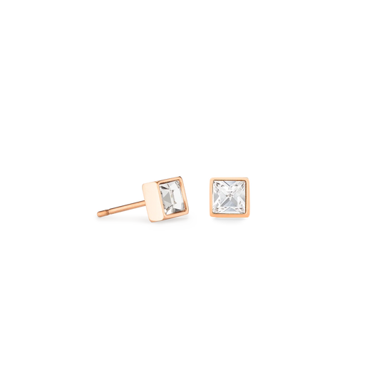 A pair of square rose gold stud earrings featuring an white crystal stone