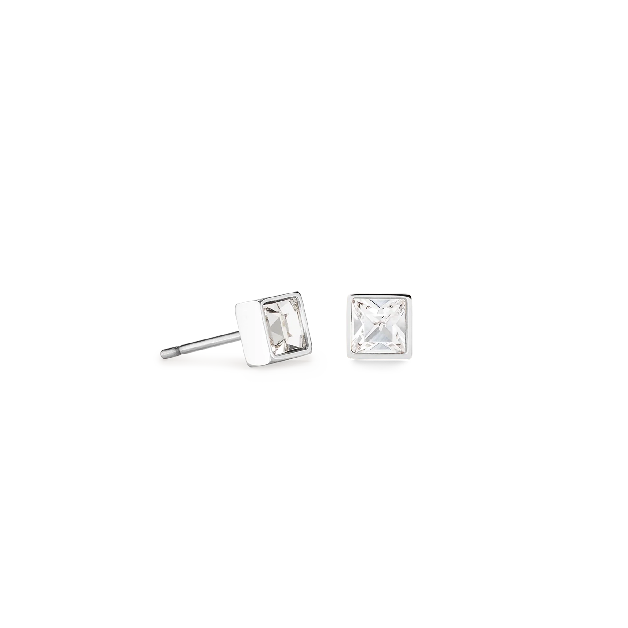 A pair of square steel stud earrings featuring an white crystal stone