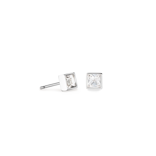 A pair of square steel stud earrings featuring an white crystal stone