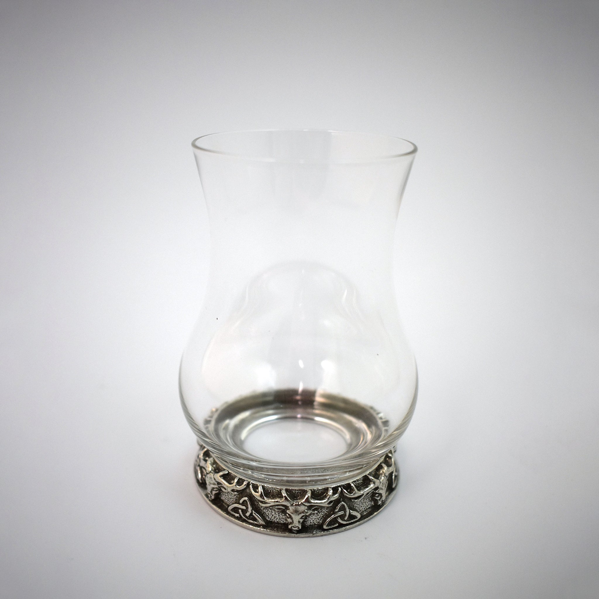 Glass whisky nosing glass with pewter base featuring stag heads and trinity knots