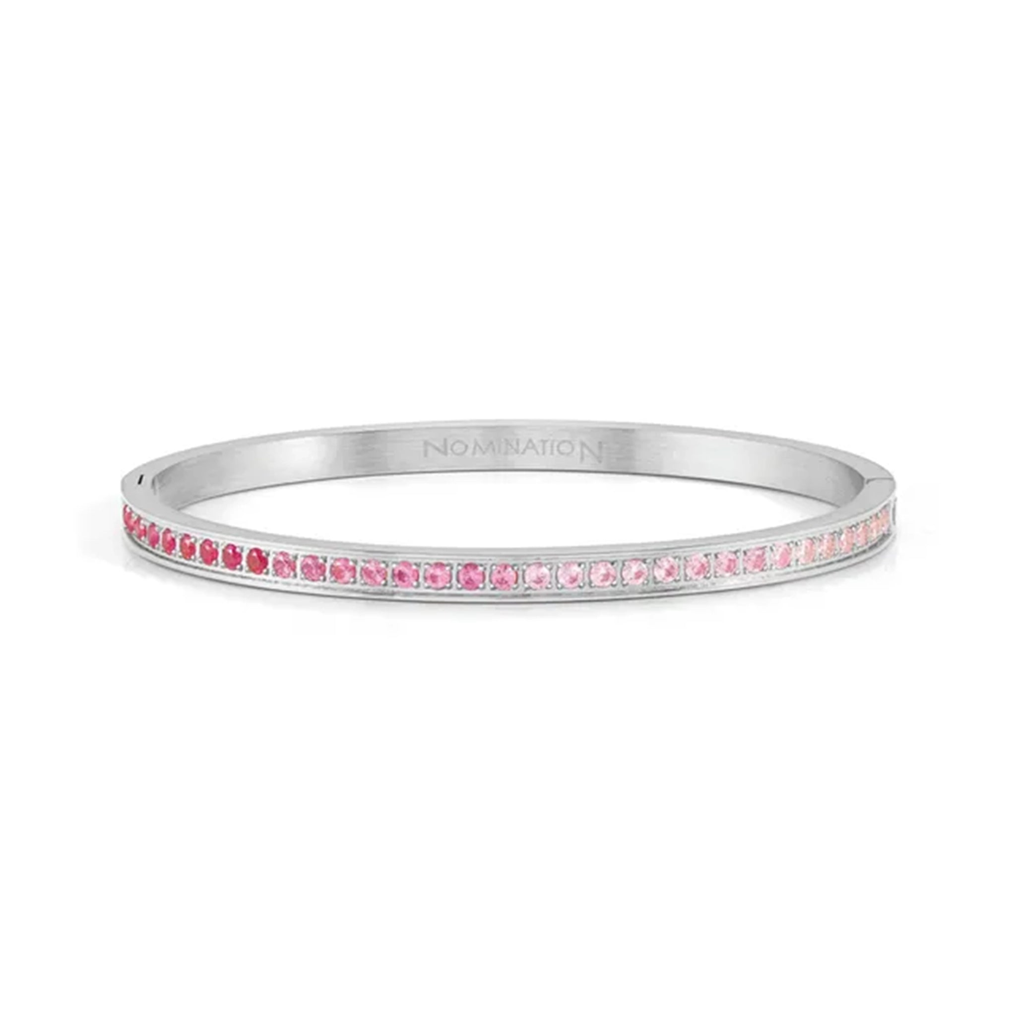 A stainless steel bangle with gradient pink CZ strip