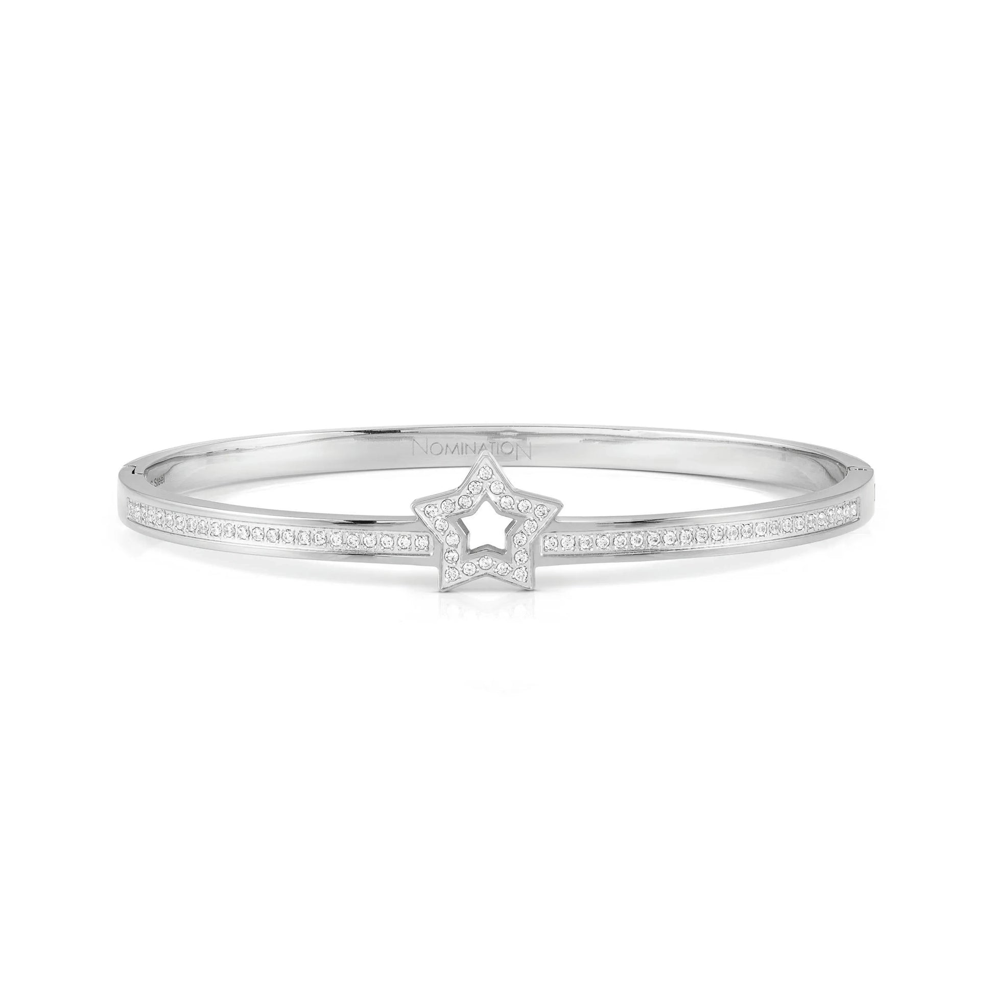 A stainless steel bangle with CZ stones and a star shape in the centre