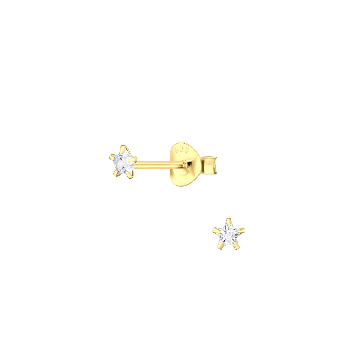 Tiny gold star shaped stud earrings with single CZ stone centres