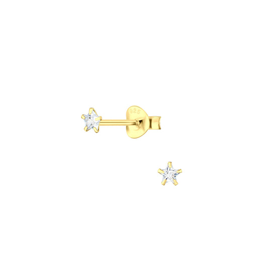 Tiny gold star shaped stud earrings with single CZ stone centres