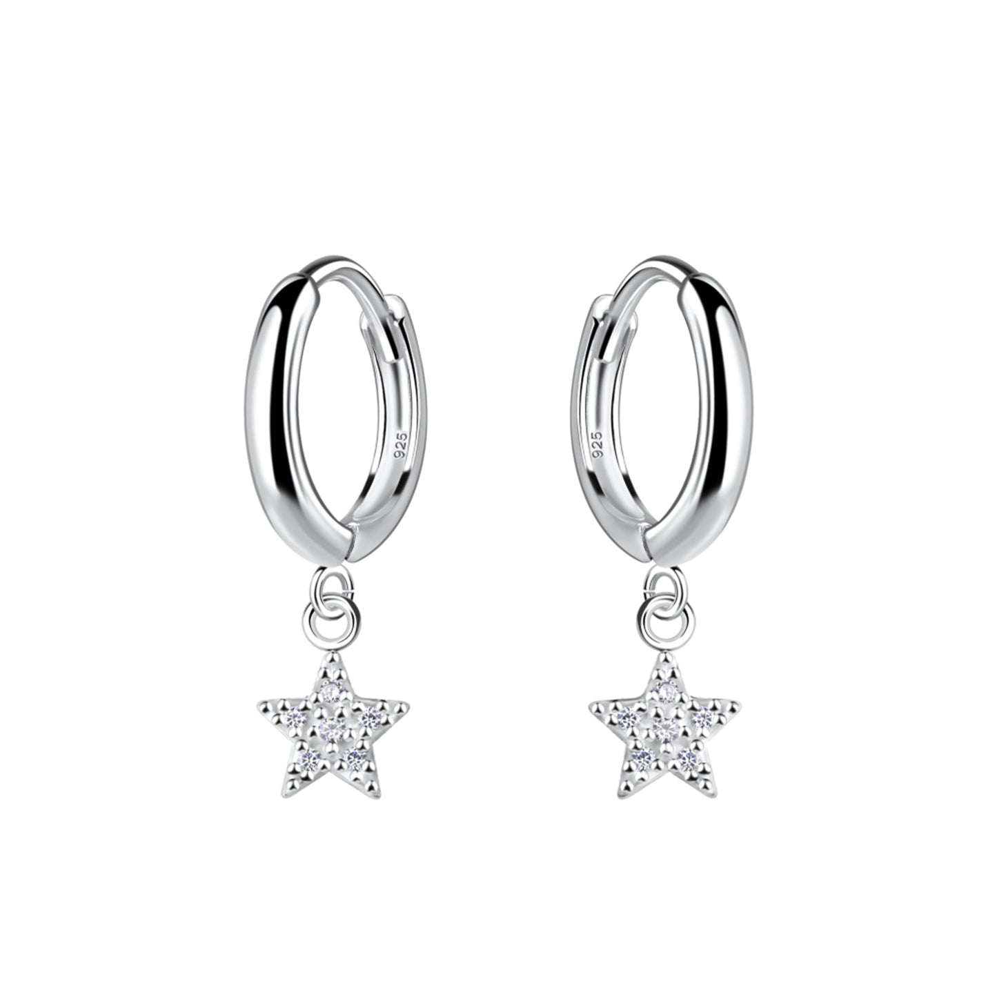 Pair of silver hinged hoop earrings with drop CZ set star charms