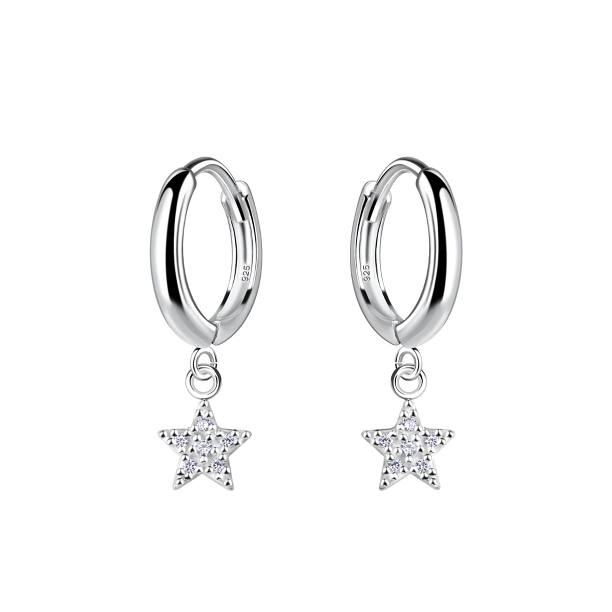 Pair of silver hinged hoop earrings with drop CZ set star charms