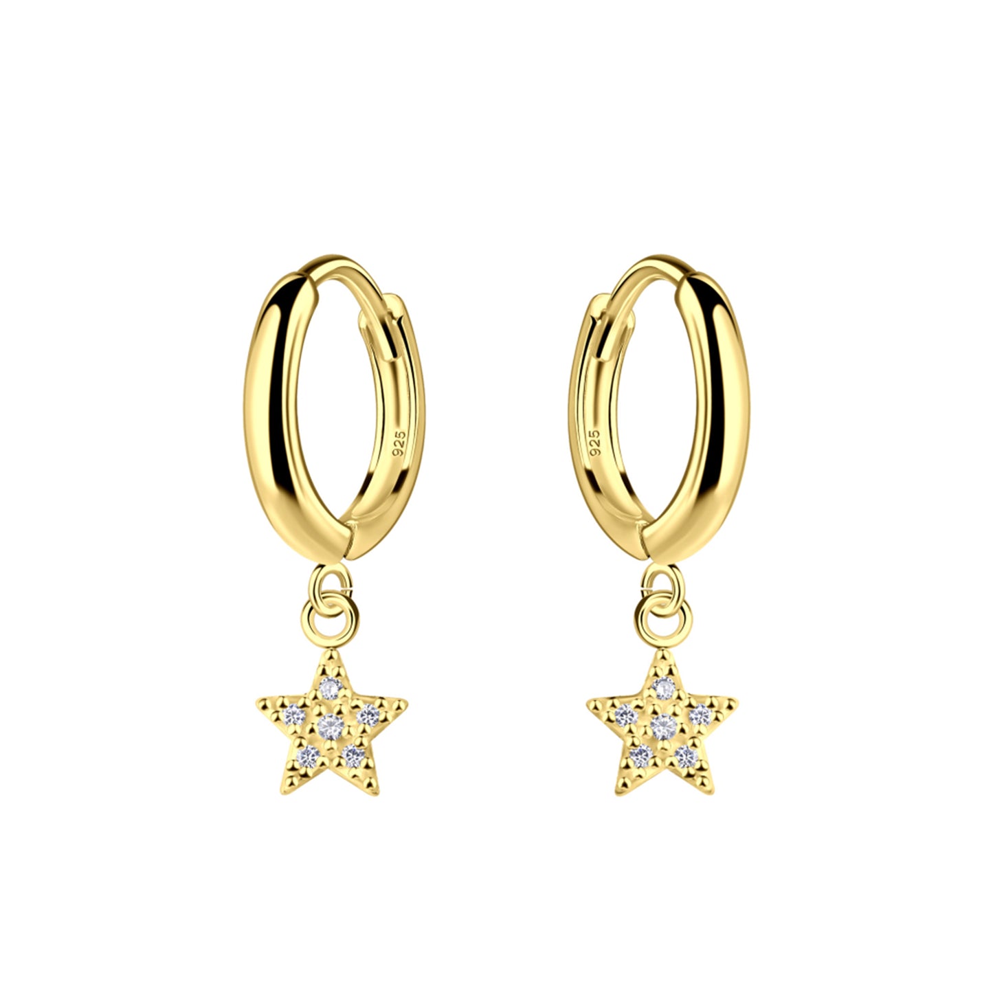 Pair of gold hinged hoop earrings with drop CZ set star charms