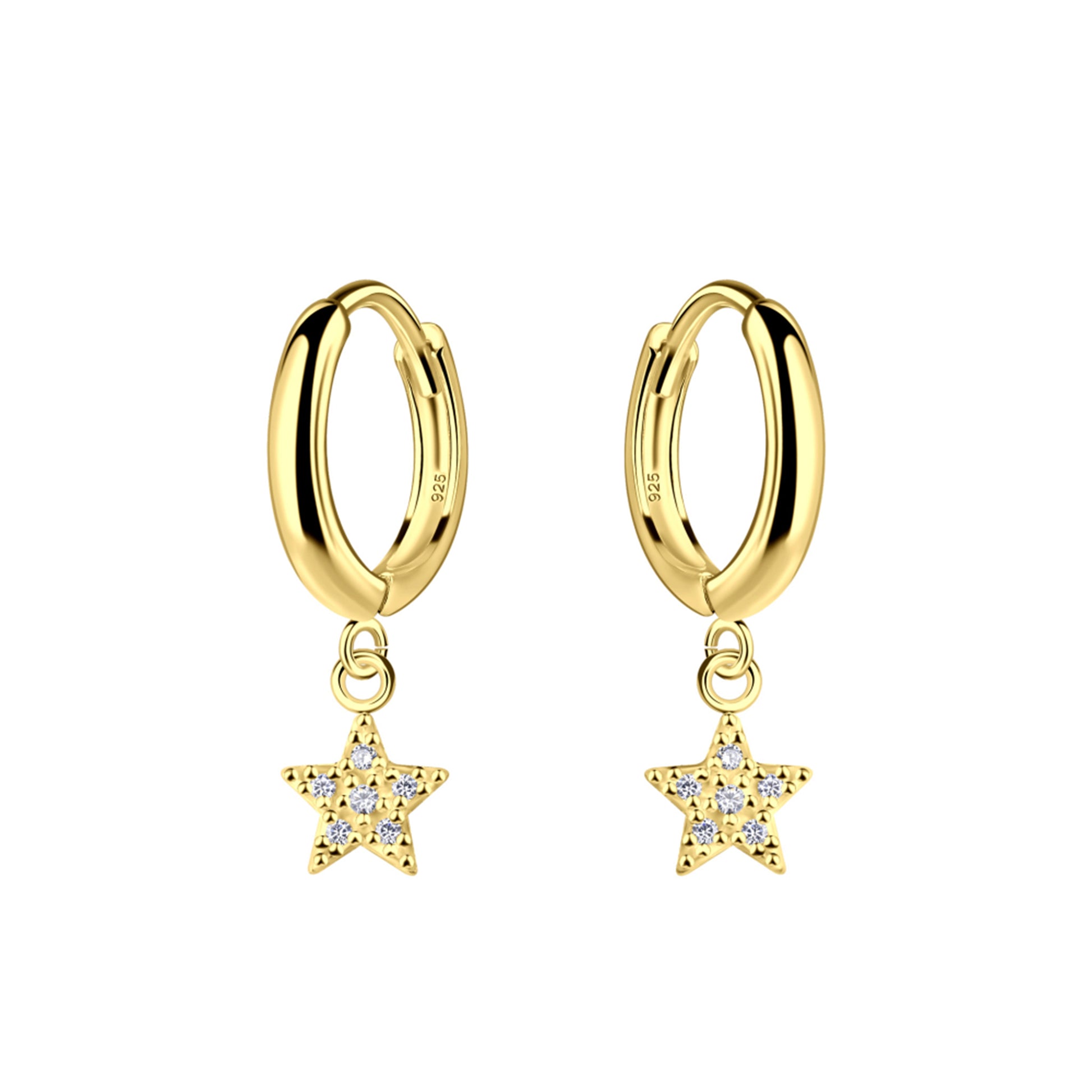 Pair of gold hinged hoop earrings with drop CZ set star charms
