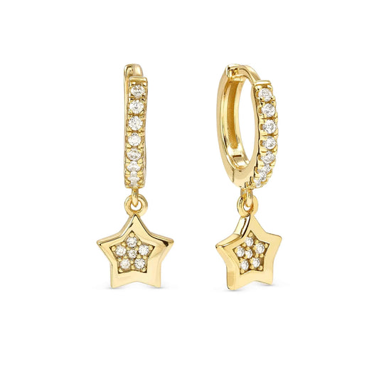 Gold hoop earrings featuring star shaped drops with smaller pave CZ star cluster inside