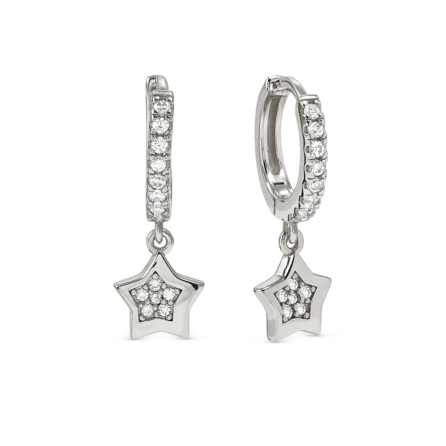 Silver hoop earrings featuring star shaped drops with smaller pave CZ star cluster inside