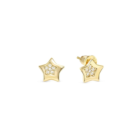 Star shaped gold stud earrings with smaller pave CZ star cluster inside