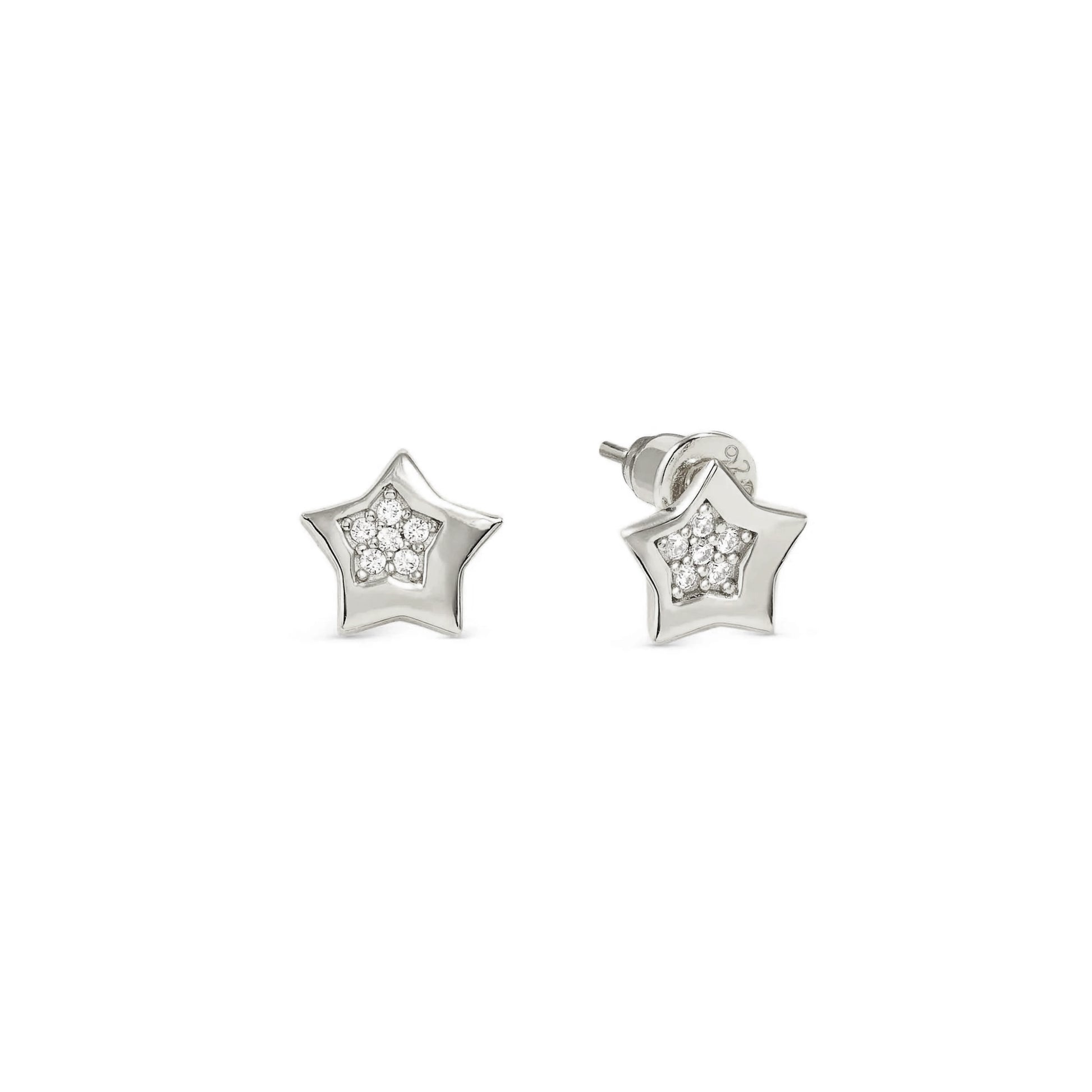 Star shaped silver stud earrings with smaller pave CZ star cluster inside