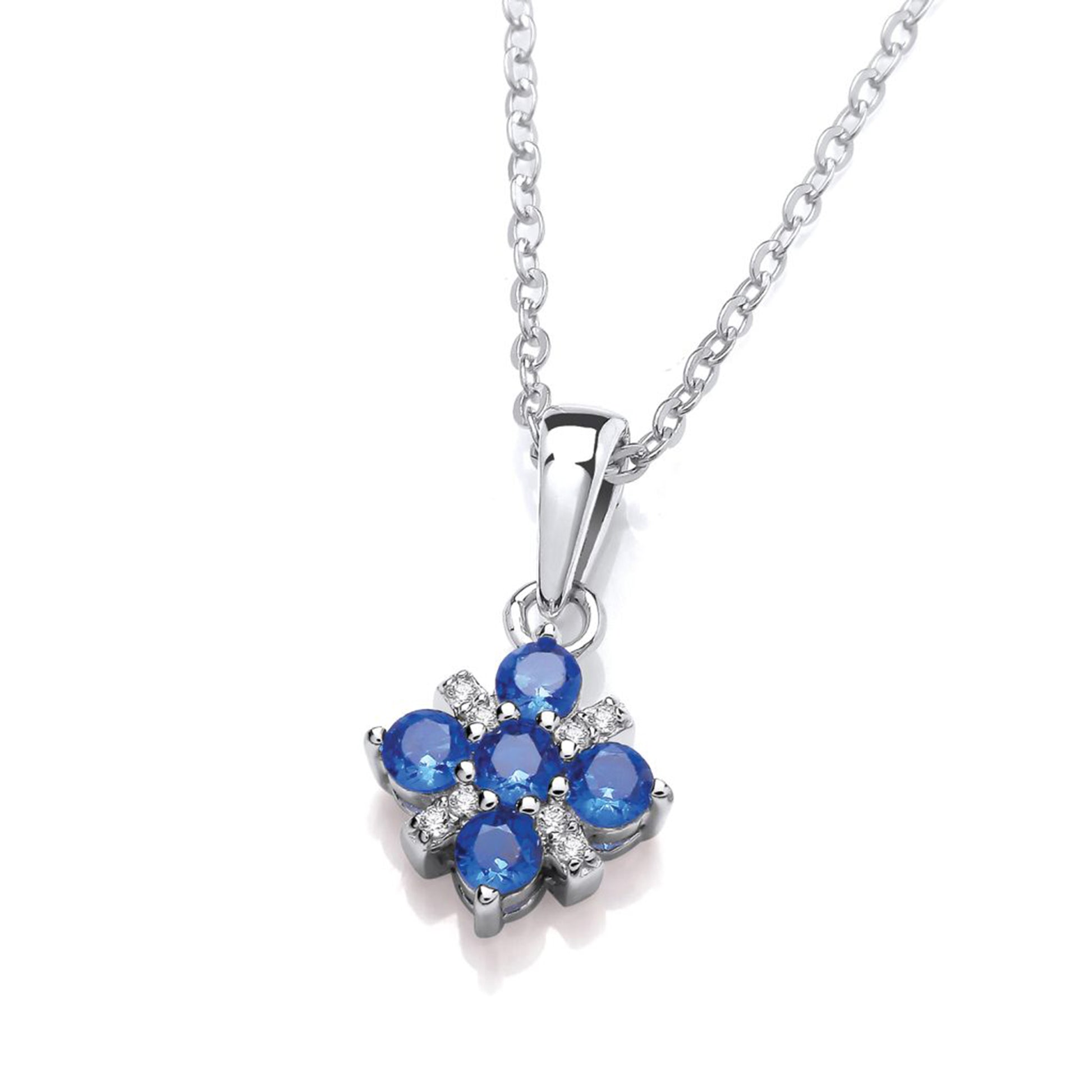 Silver necklace with star shaped pendant set with sapphire and white CZ stones