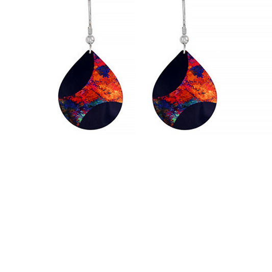 A curved pair of plectrum shaped earrings with abstract print in vibrant orange and blue