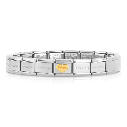 A stainless steel Nomination bracelet with a single charm featuring a gold heart engraved with mum