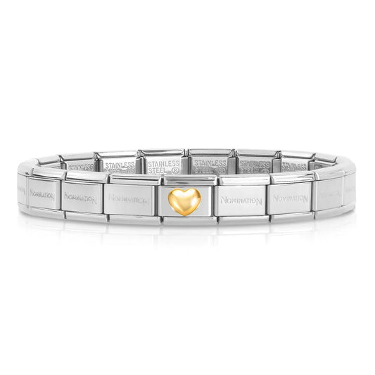 A stainless steel Nomination bracelet with a single charm featuring a gold raised heart charm