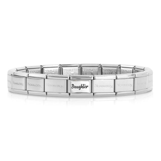 A stainless steel Nomination bracelet with a single charm featuring a silver plaque engraved with daughter