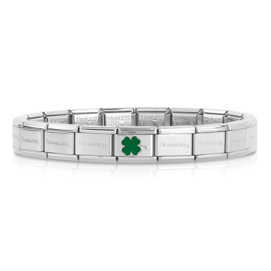 A stainless steel Nomination bracelet with a single charm featuring a silver clover with green enamel