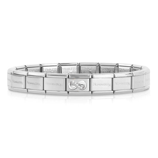 A stainless steel Nomination bracelet with a single charm featuring a silver infinity symbol set with cubic zirconia