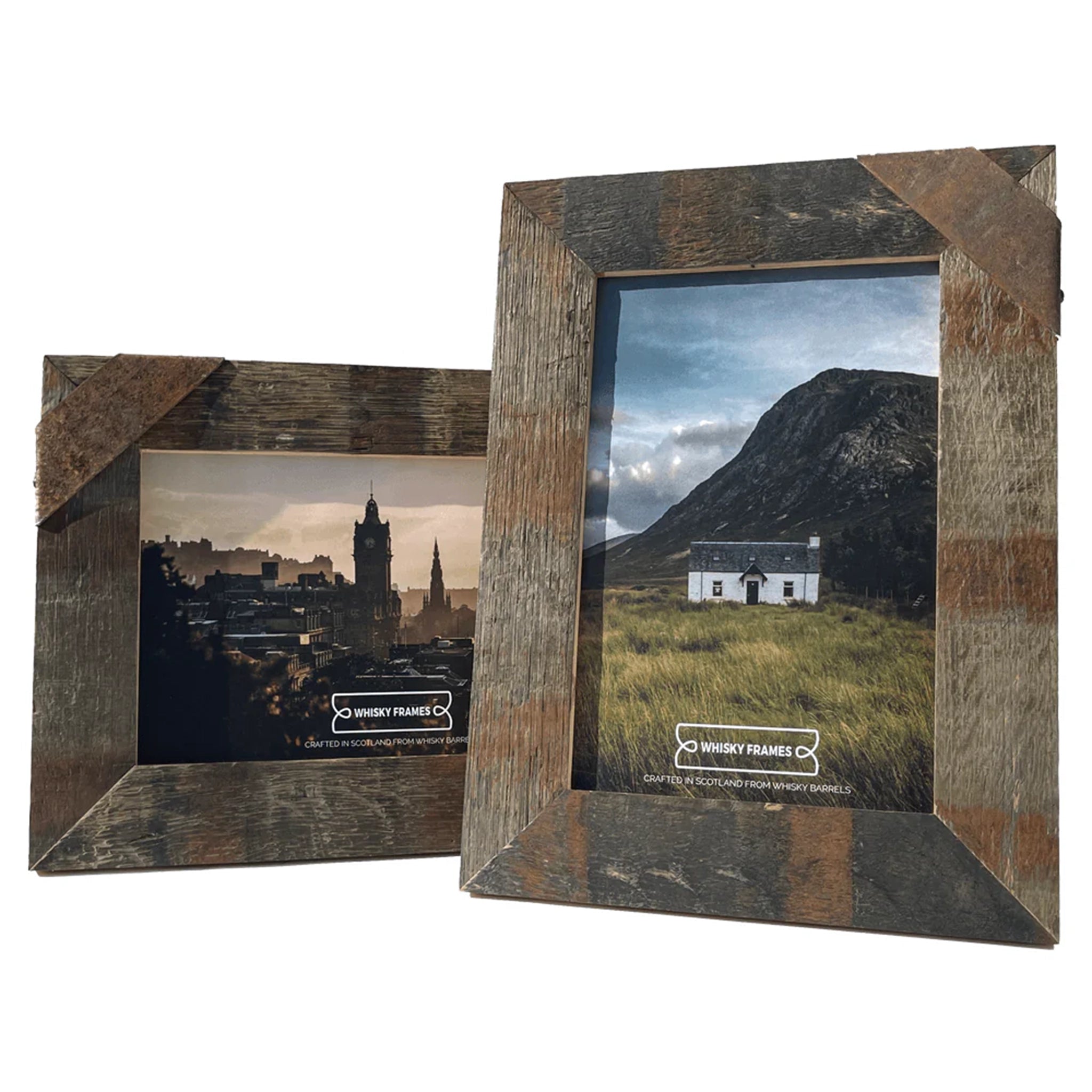 A frame made with whisky barrel wood and Harris Tweed horizontal and vertical 