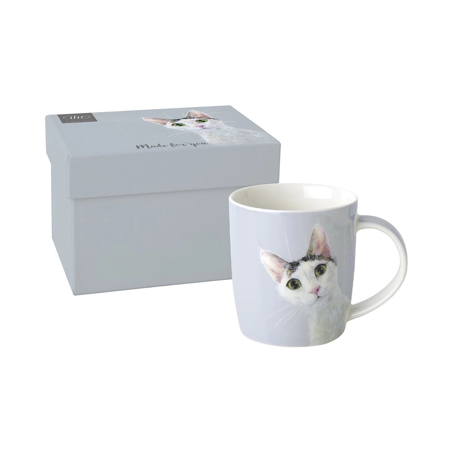 Light blue porcelain mug with cute cat design