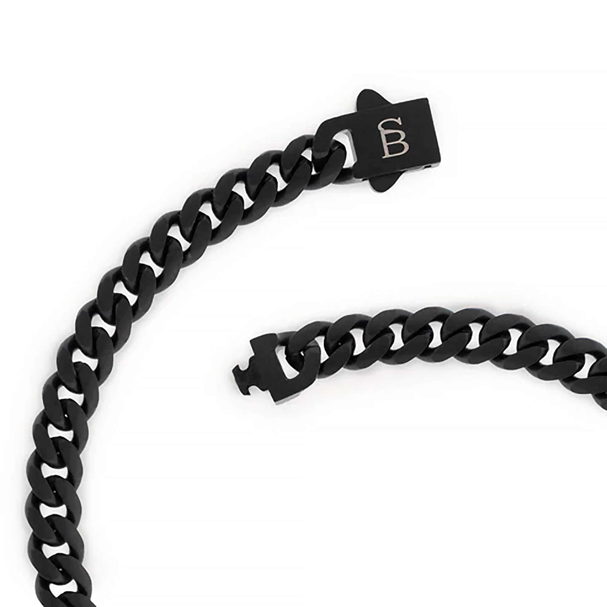 A matt black coated stainless steel chain bracelet with monogramed clasp