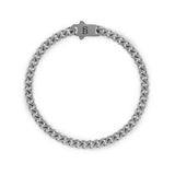 A silver stainless steel chain bracelet with monogramed clasp