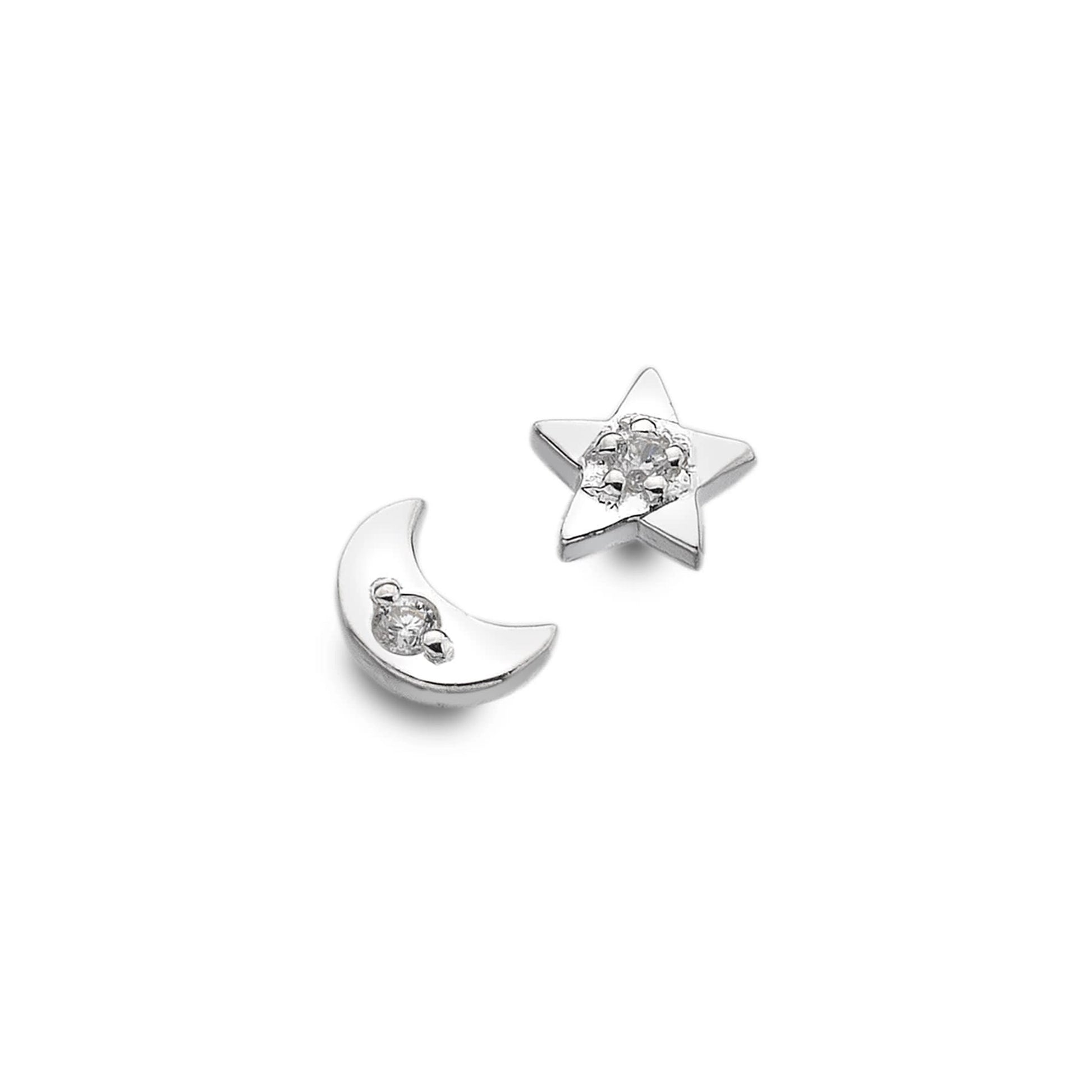 A pair of silver earrings, one shaped like a moon and the other like star, both finished with a cubic zirconia stone