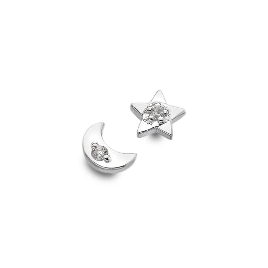 A pair of silver earrings, one shaped like a moon and the other like star, both finished with a cubic zirconia stone