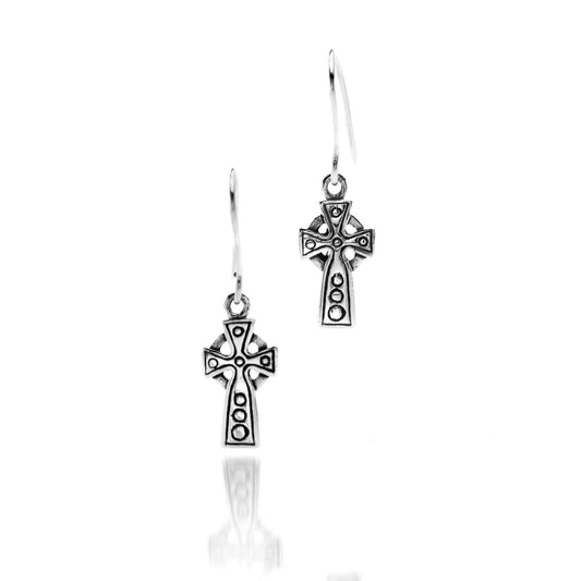 Pair of silver Celtic knot cross drop earrings on hook fittings