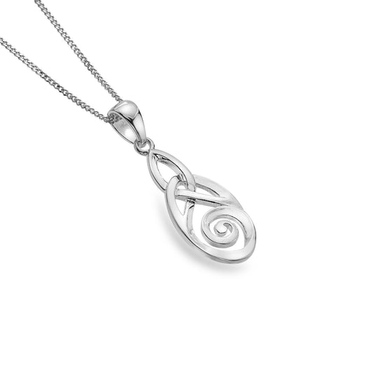 A silver pendant featuring a trinity knot design that turns into a spiral underneath