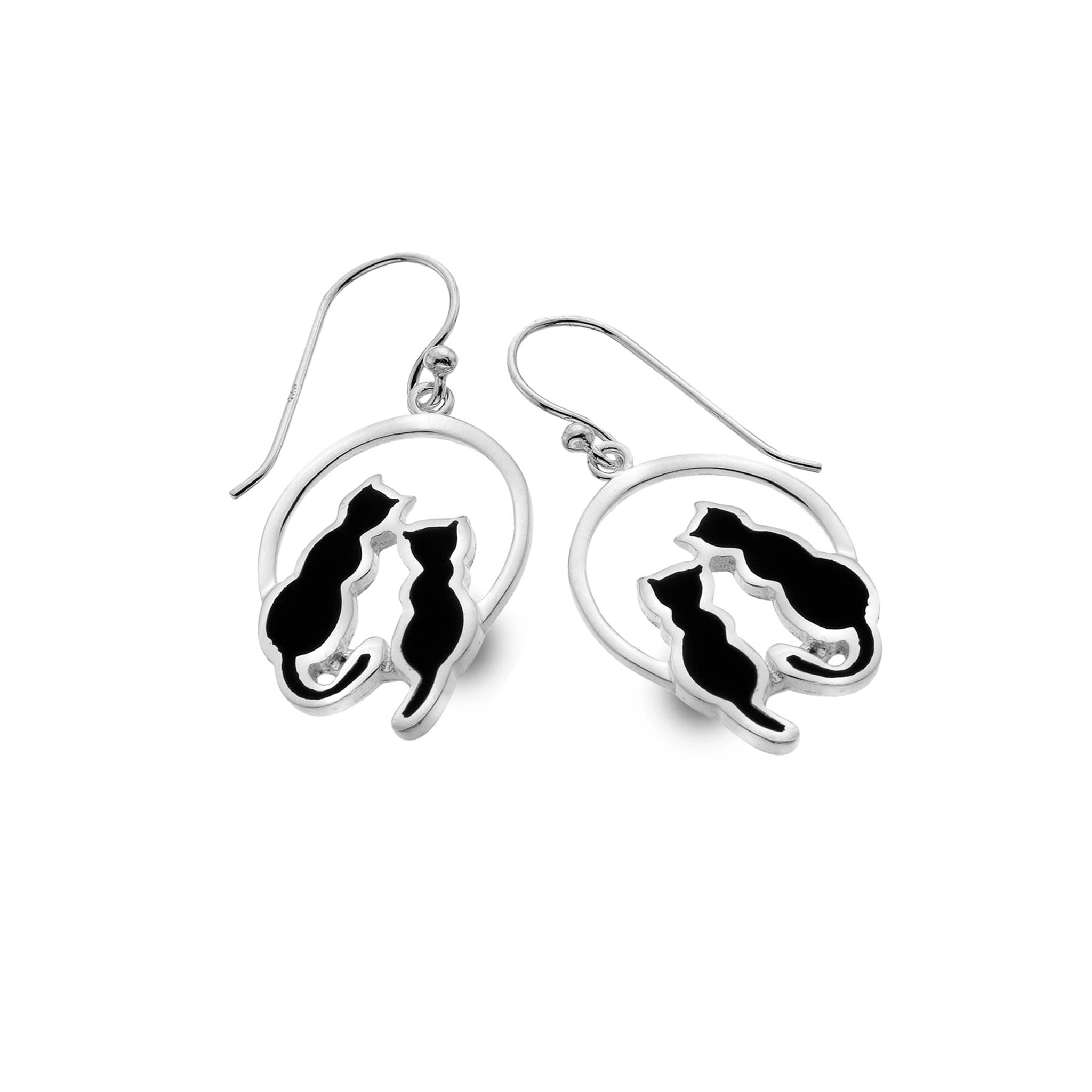 A silver pair of drop earrings featuring round hoops with two sitting black cats and hook fittings
