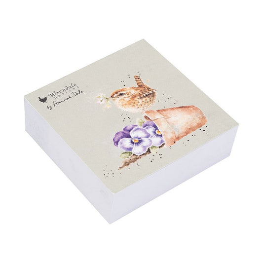 A notepad of sticky notes with an illustration of a wren in a toppled pot of purple pansies