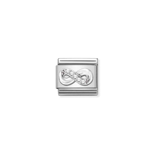 A Nomination Italy charm featuring an infinity symbol with white cubic zirconia stones