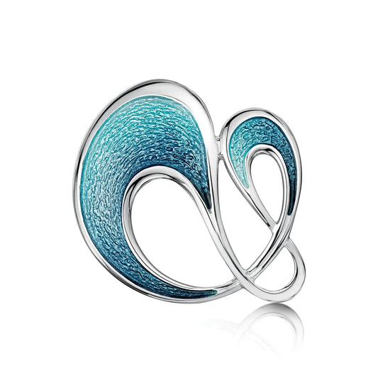 Silver brooch in abstract round loop storm design and blue green enamel