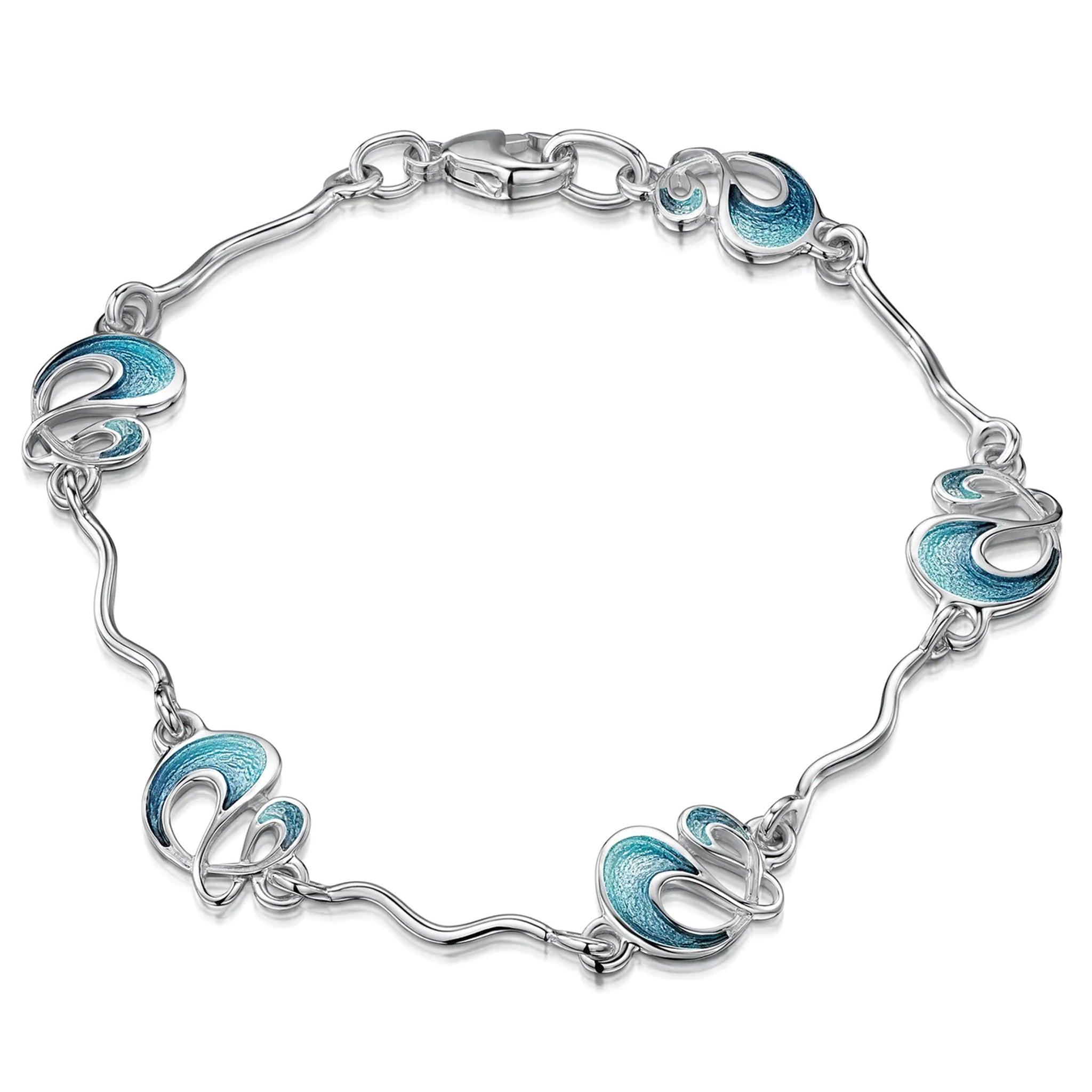 Silver bracelet with silver bars and 5 links in an abstract swirl storm design with blue green enamel